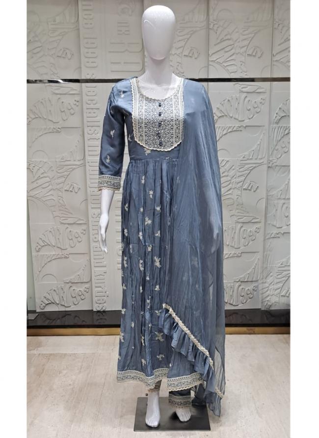 Cotton Sky Blue Traditional Wear Thread Work Readymade Anarkali Suit